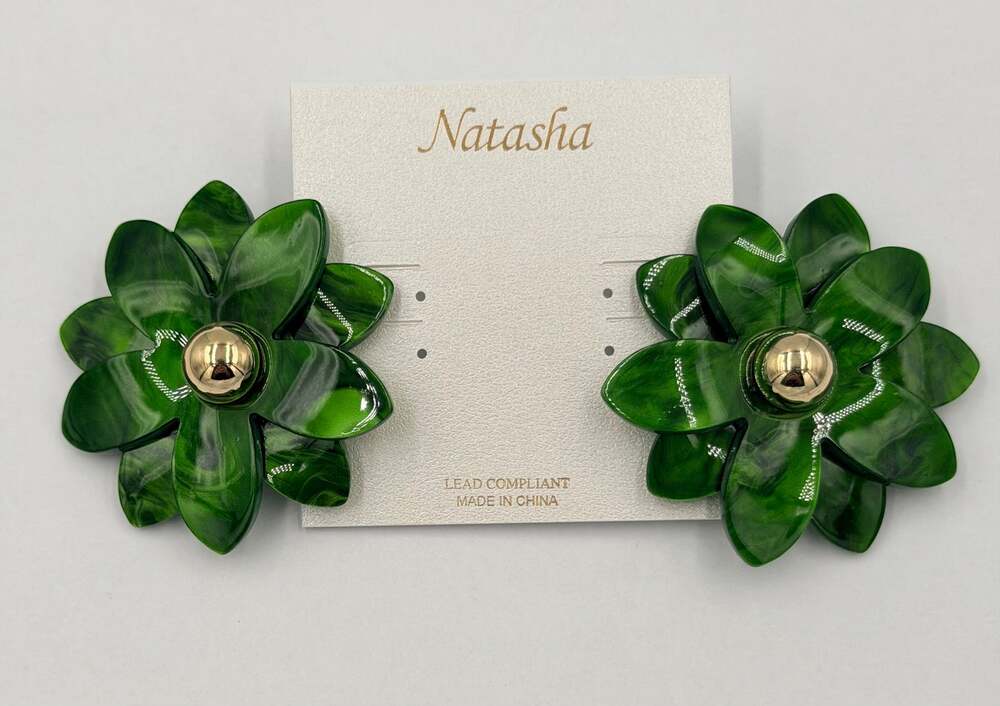 Natasha Green Marble Resin 3D Tropical Flower Statement Drop Earrings Large NEW